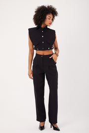 ENSEMBLE PANTALON VESTE SANS MANCHES CROP FEMME PAOLINA NOIR